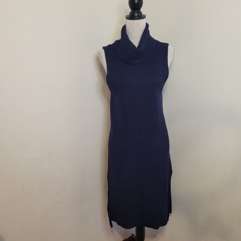 White House Black Market Sweater Dress Womens M Sleeveless Cowl Neck Knit Navy